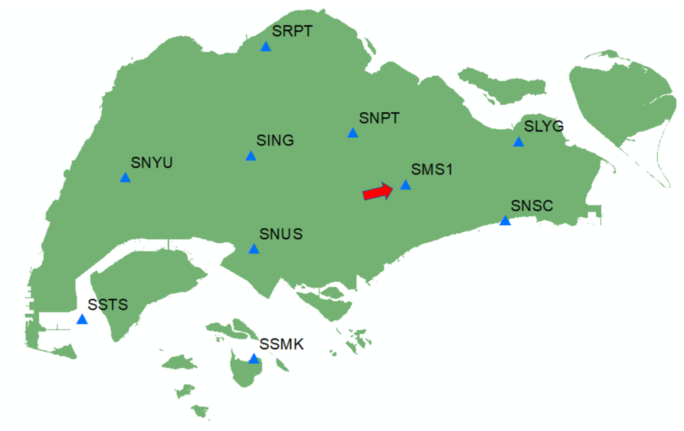 Image 2: Locations of SiReNT GNSS Reference Stations. The name of the new NEA station at Kim Chuan is SMS1.